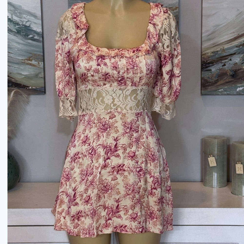 Free People Ethereal Toile Lace Mini Dress Romantic Coquette Puff Sleeve Size 2